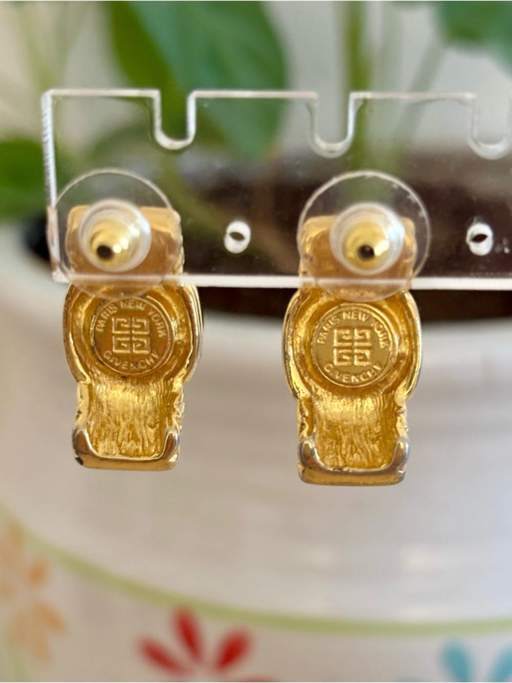 Vintage Givenchy Stamped Gold-Tone Earrings with Deep Purple Accents - Picture 6 of 9